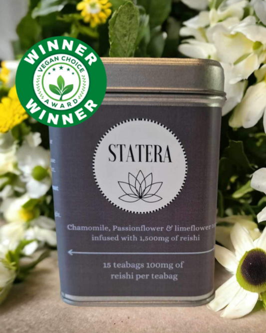 Statera Rest reishi mushroom tea tin for natural sleep support